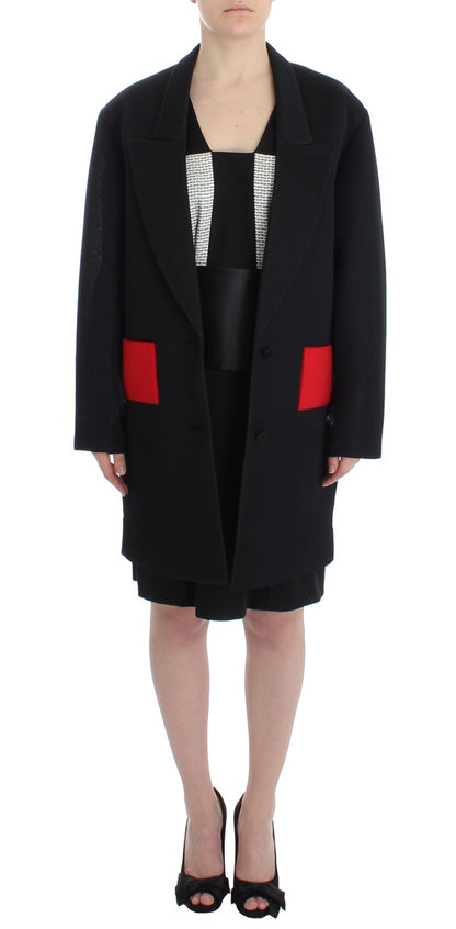  - Elegant Draped Long Coat in Black with Red Accents