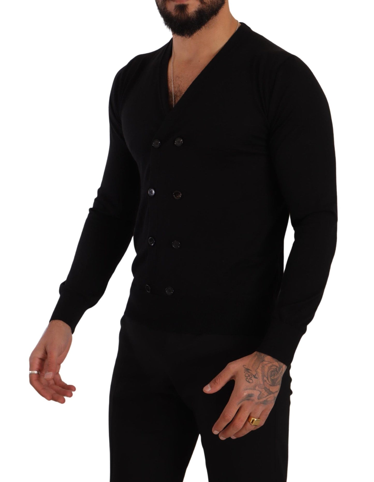  - Elegant V-Neck Black Cashmere Cardigan