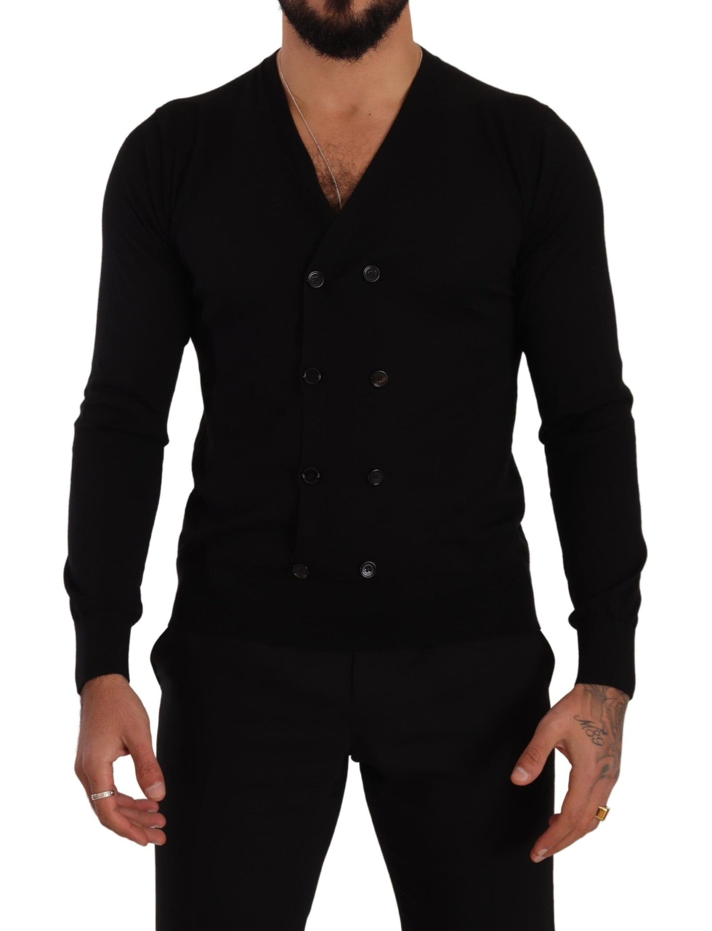  - Elegant V-Neck Black Cashmere Cardigan