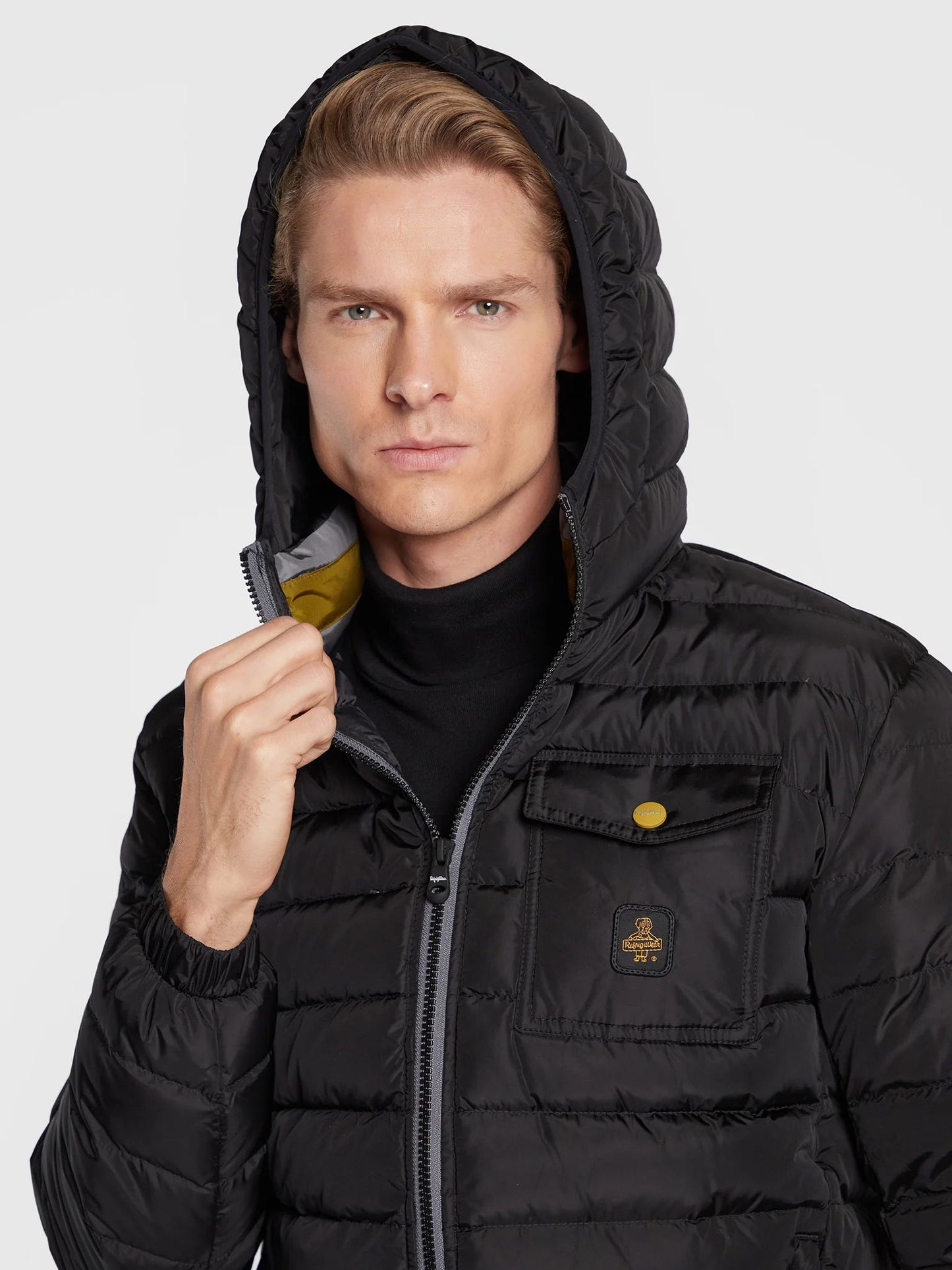  - Elegant Black Hooded Down Jacket with Chic Olive Accent