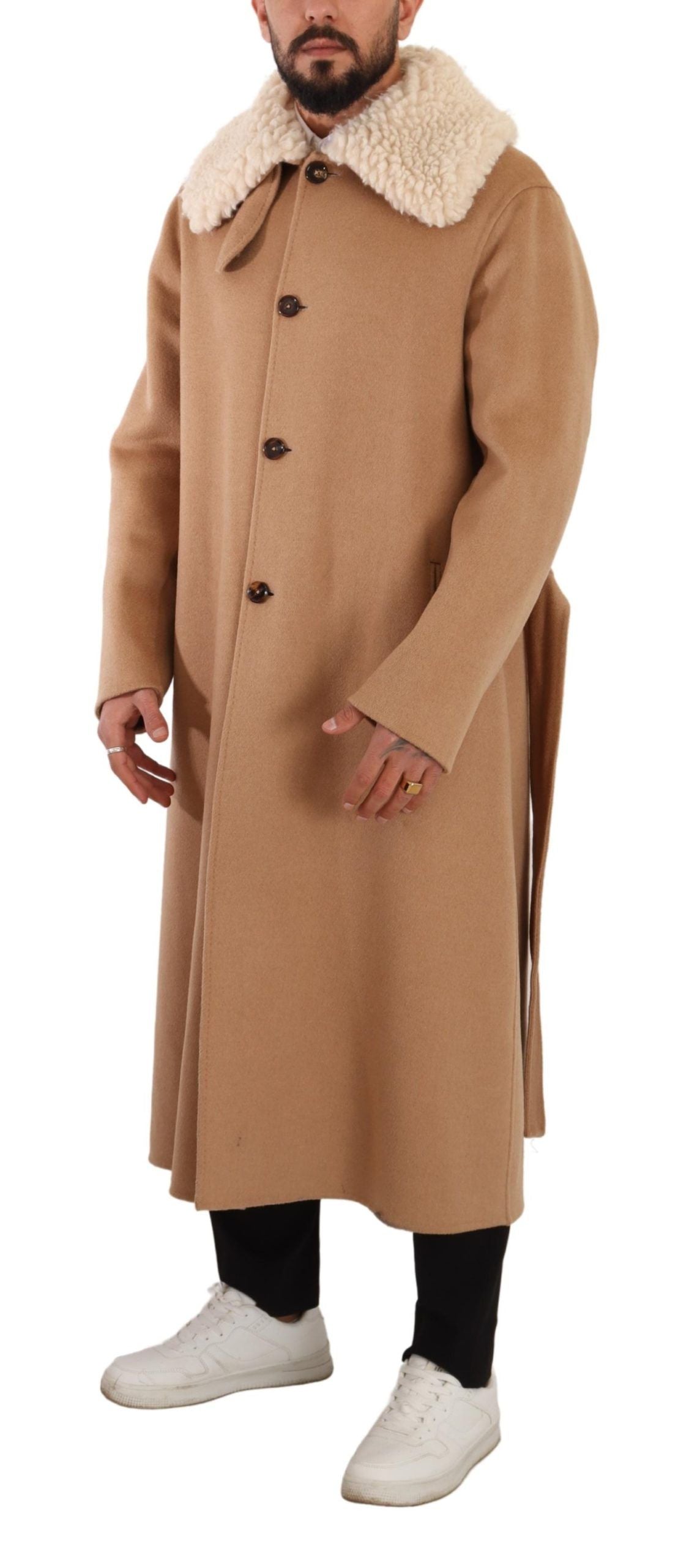  - Opulent Beige Shearling-Collar Overcoat