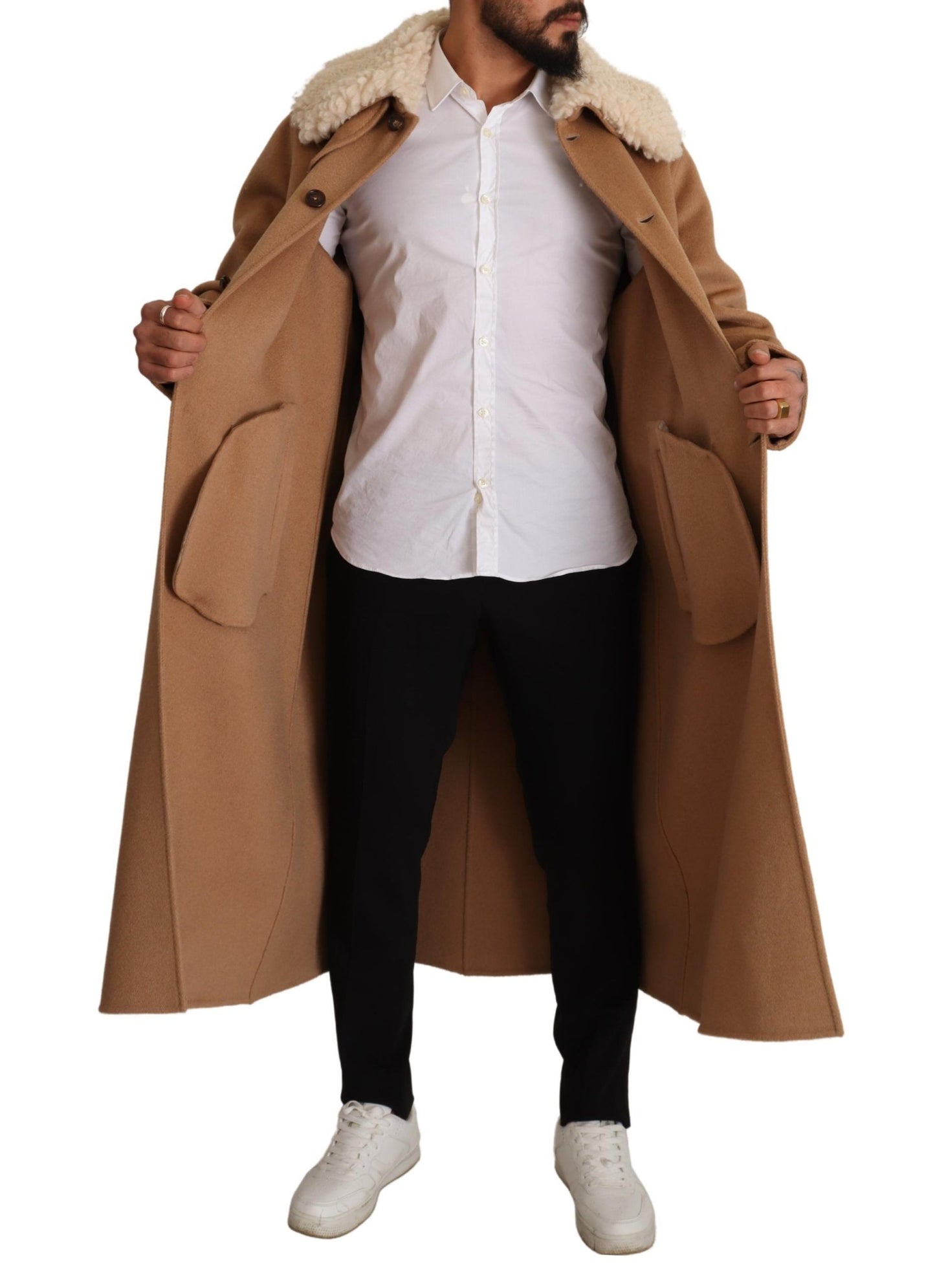  - Opulent Beige Shearling-Collar Overcoat