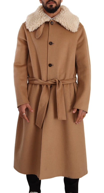  - Opulent Beige Shearling-Collar Overcoat