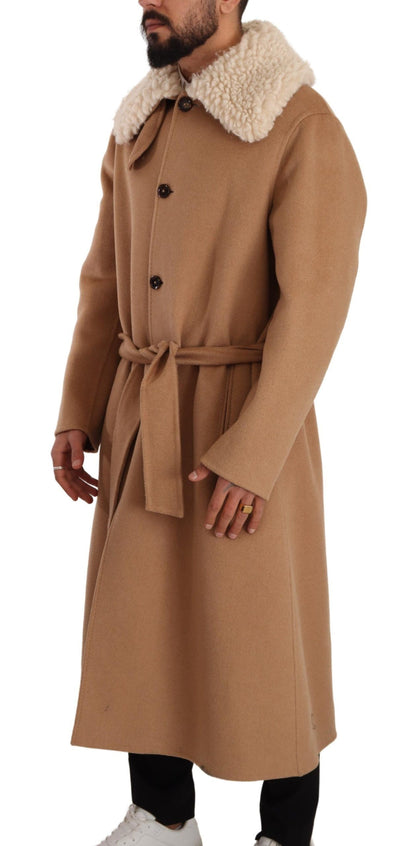  - Opulent Beige Shearling-Collar Overcoat