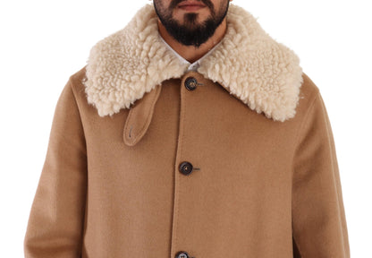  - Opulent Beige Shearling-Collar Overcoat