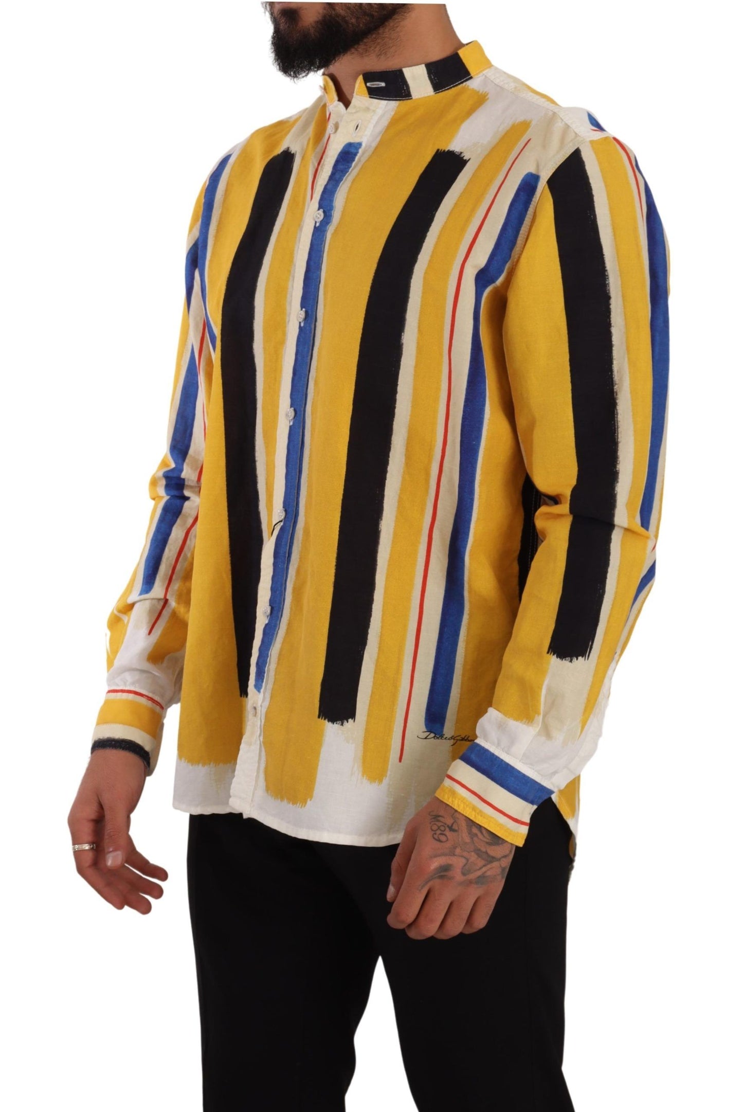  - Elegant Yellow Striped Henley Shirt