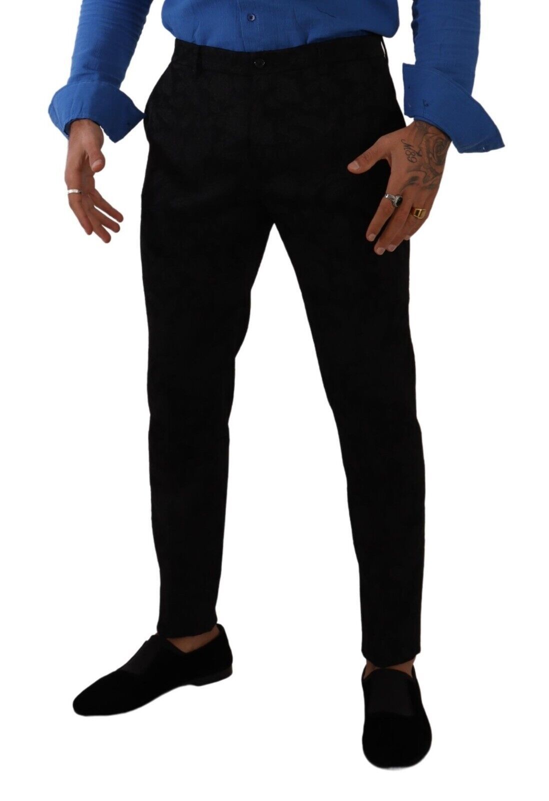  - Elegant Slim Fit Dress Pants in Black Brocade