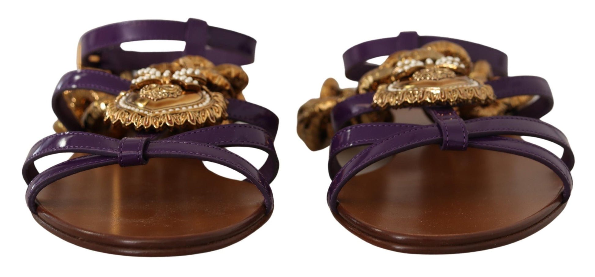 Dolce & Gabbana Purple Leather Gladiator Sandals with Gold Devotion Heart & Chain Detail
