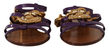 Dolce & Gabbana Purple Leather Gladiator Sandals with Gold Devotion Heart & Chain Detail