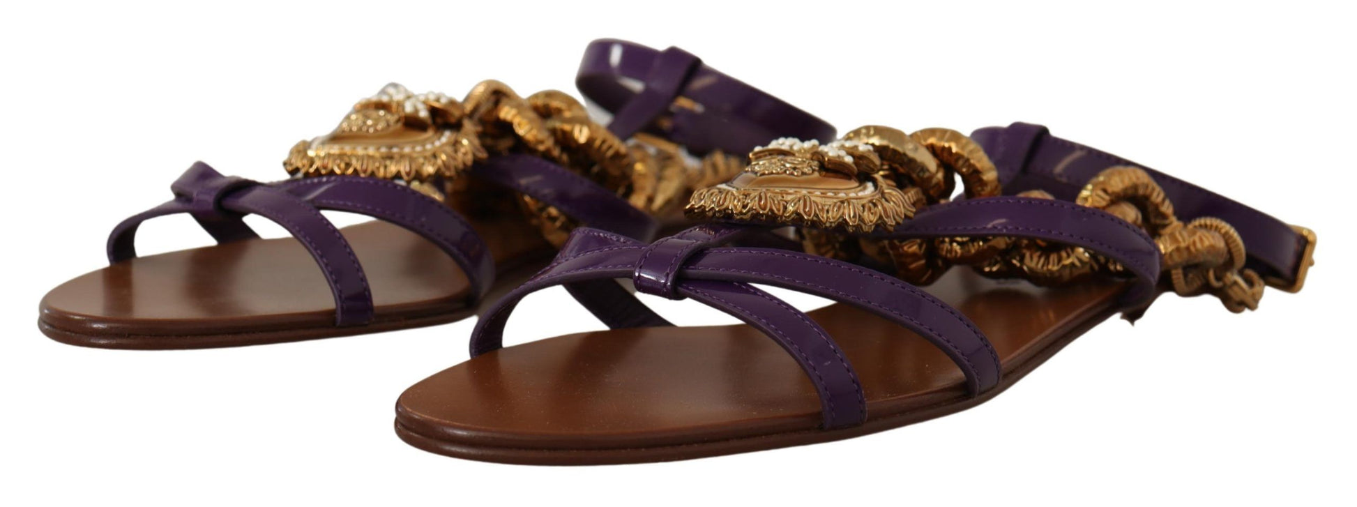 Dolce & Gabbana Purple Leather Gladiator Sandals with Gold Devotion Heart & Chain Detail