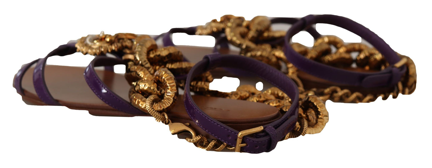 Dolce & Gabbana Purple Leather Gladiator Sandals with Gold Devotion Heart & Chain Detail