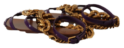 Dolce & Gabbana Purple Leather Gladiator Sandals with Gold Devotion Heart & Chain Detail