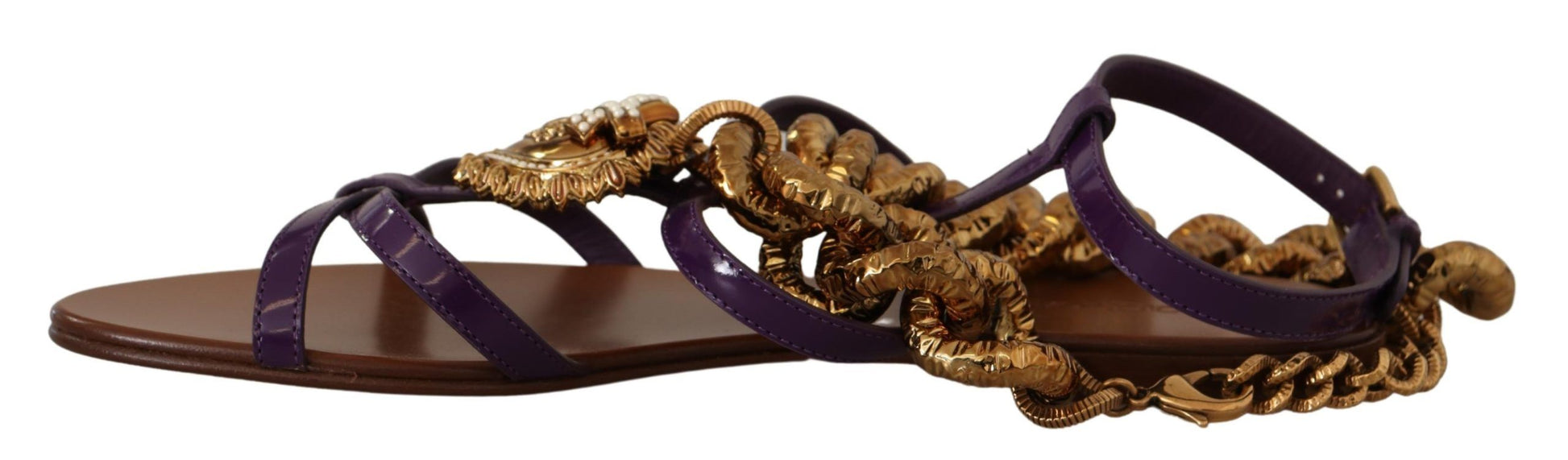 Dolce & Gabbana Purple Leather Gladiator Sandals with Gold Devotion Heart & Chain Detail