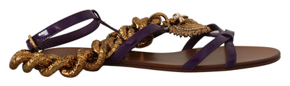 Dolce & Gabbana Purple Leather Gladiator Sandals with Gold Devotion Heart & Chain Detail