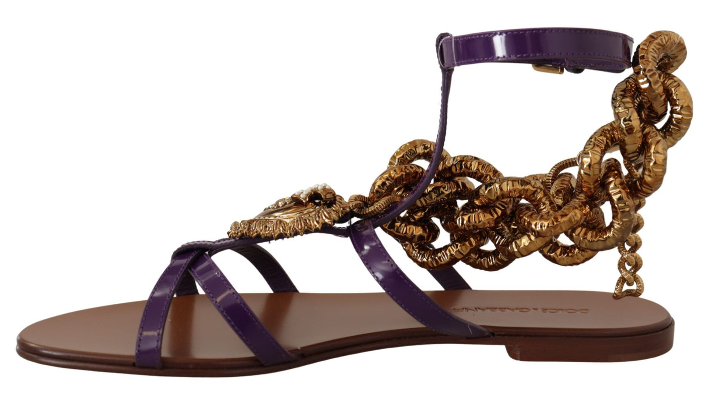 Dolce & Gabbana Purple Leather Gladiator Sandals with Gold Devotion Heart & Chain Detail