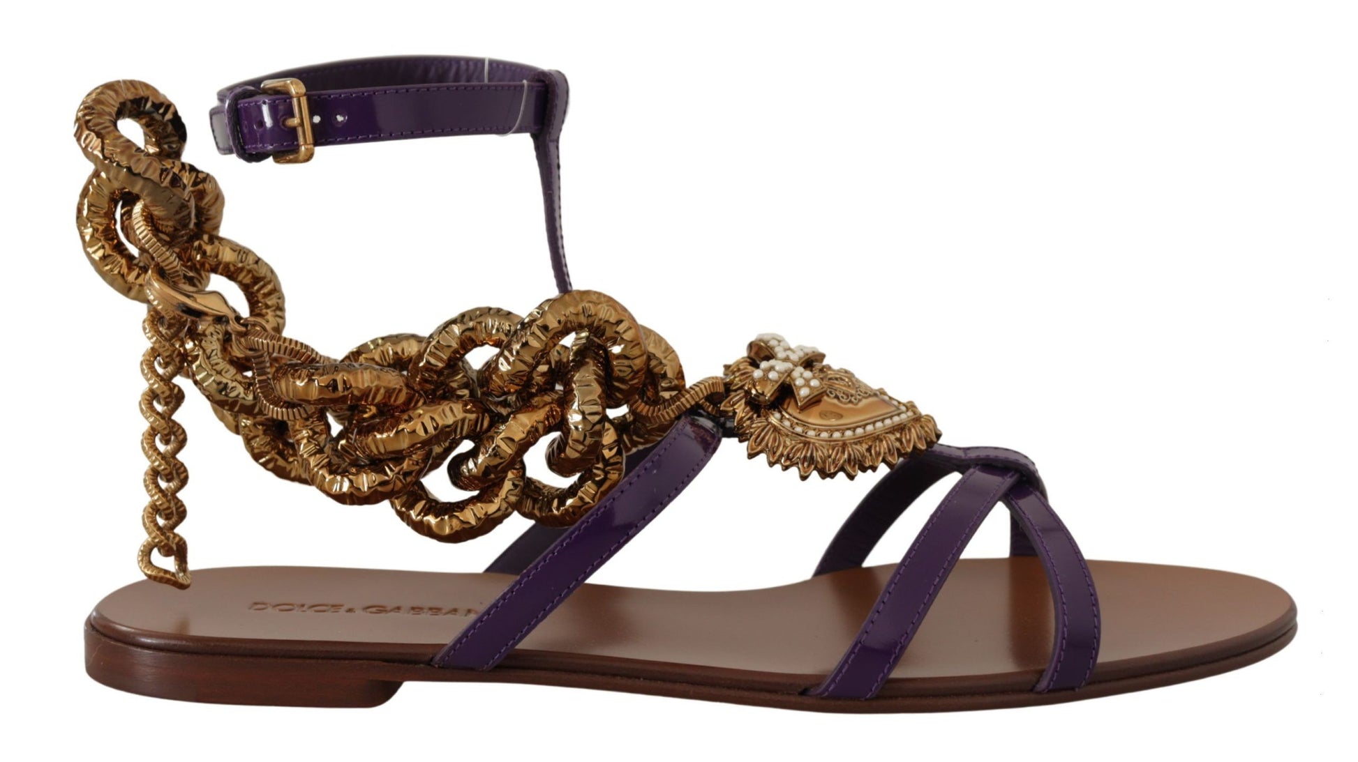 Dolce & Gabbana Purple Leather Gladiator Sandals with Gold Devotion Heart & Chain Detail