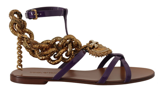 Dolce & Gabbana Purple Leather Gladiator Sandals with Gold Devotion Heart & Chain Detail