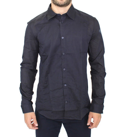  - Elegant Blue Cotton Slim Casual Shirt