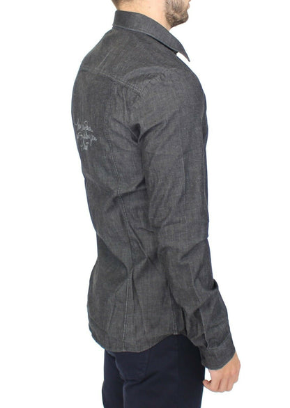 Elegant Gray Stretch Denim Casual Shirt - The Luxe Alliance