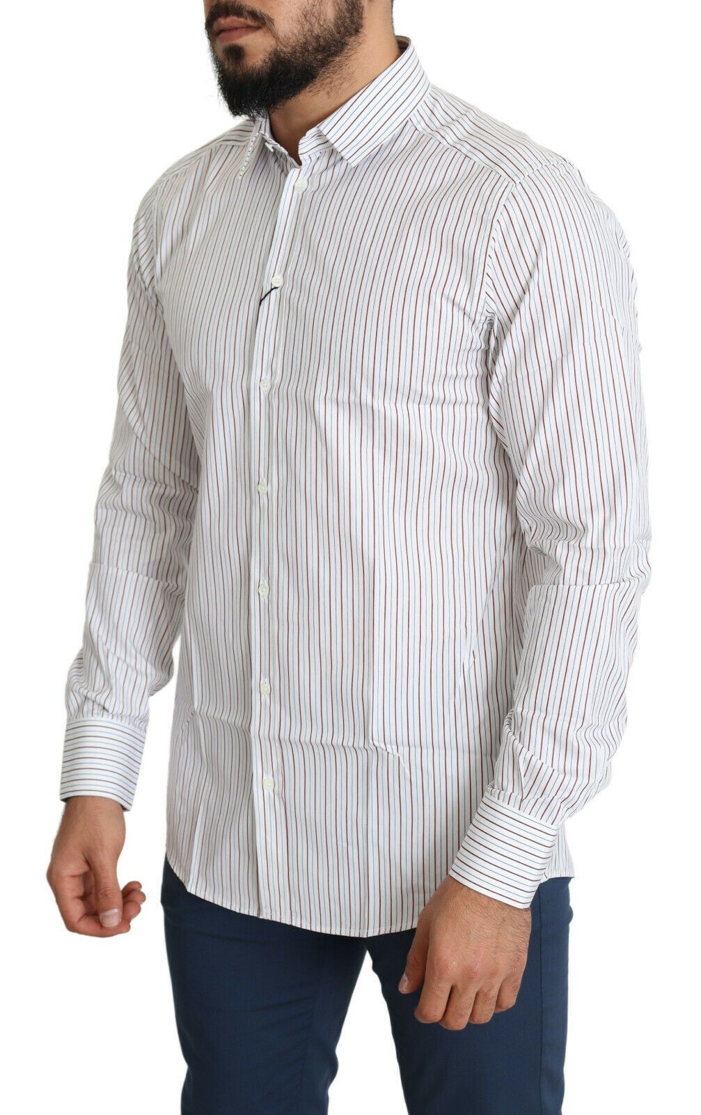  - Elegant White Striped Cotton Dress Shirt