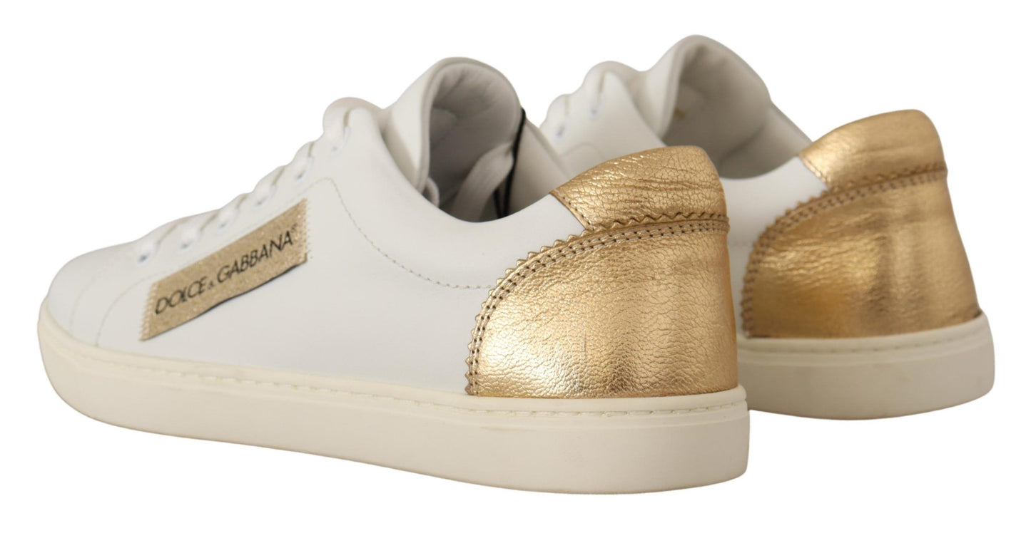  - Elegant White Leather Sneakers with Gold Accents