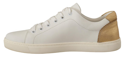  - Elegant White Leather Sneakers with Gold Accents