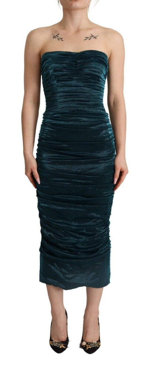  - Turquoise Draped Satin Midi Dress