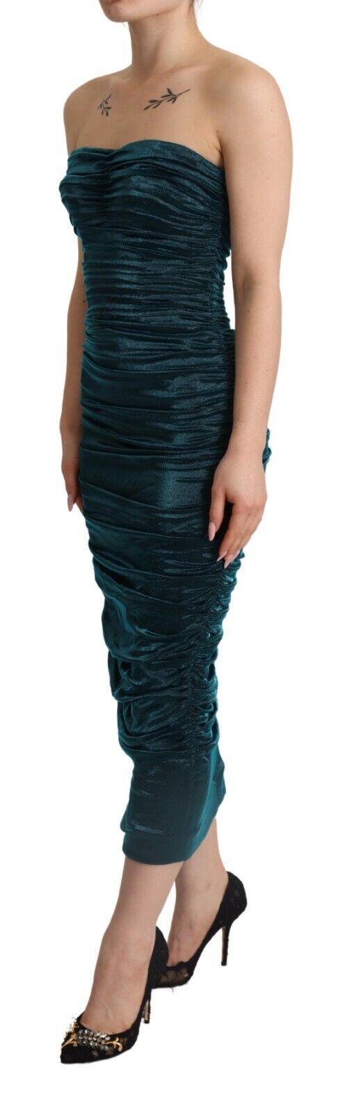  - Turquoise Draped Satin Midi Dress