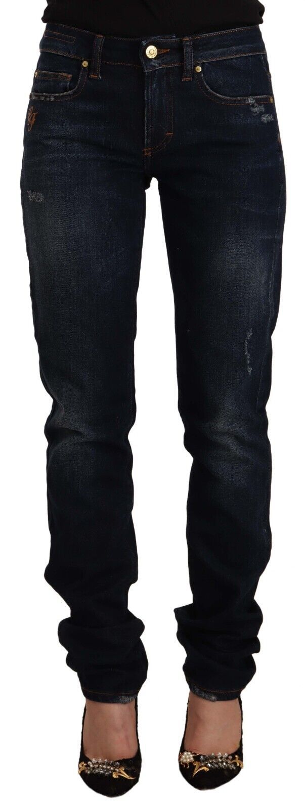  - Chic Mid-Waist Skinny Jeans in Dark Blue Wash