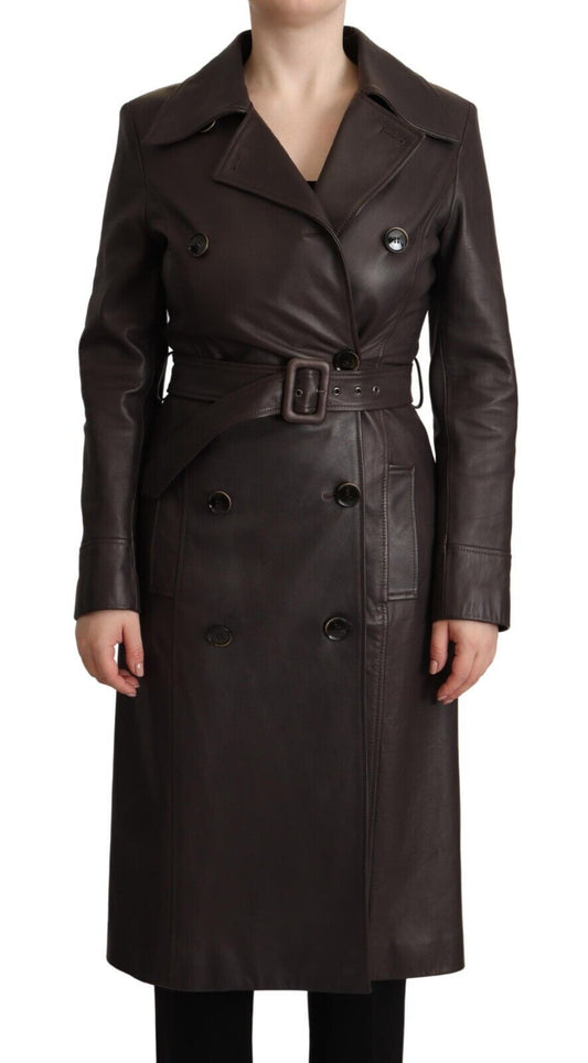  - Elegant Double-Breasted Lambskin Leather Coat