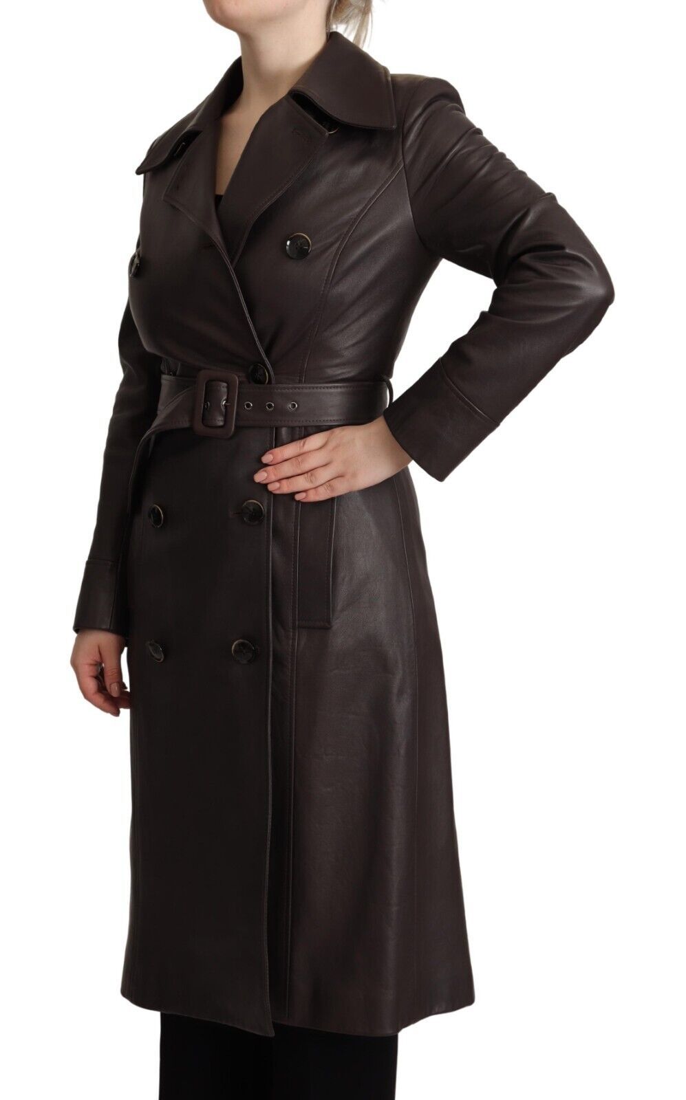  - Elegant Double-Breasted Lambskin Leather Coat