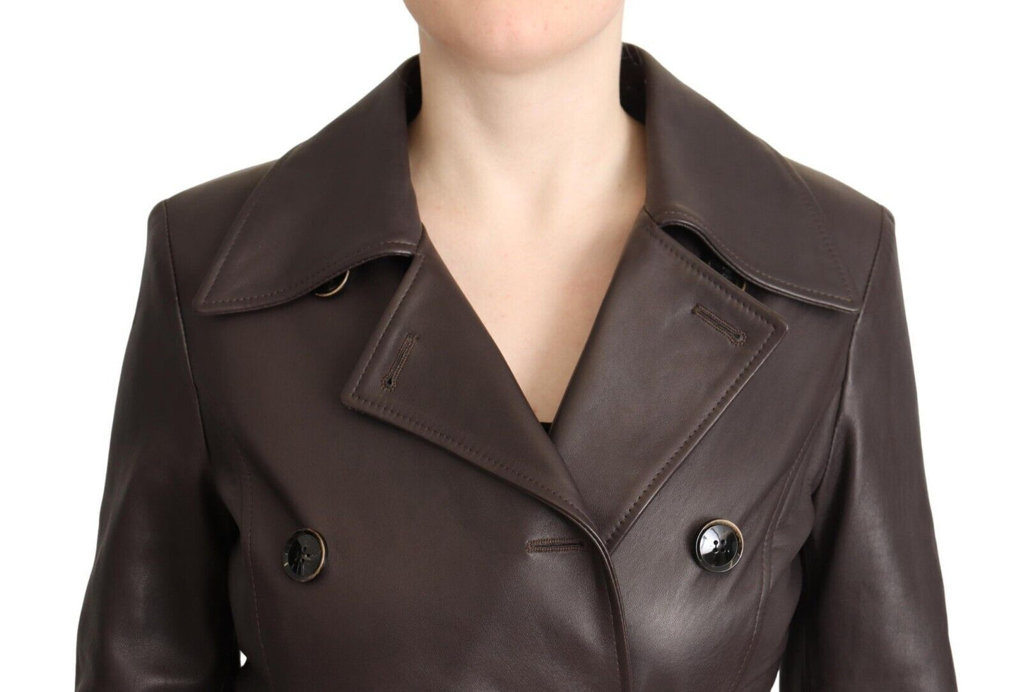  - Elegant Double-Breasted Lambskin Leather Coat