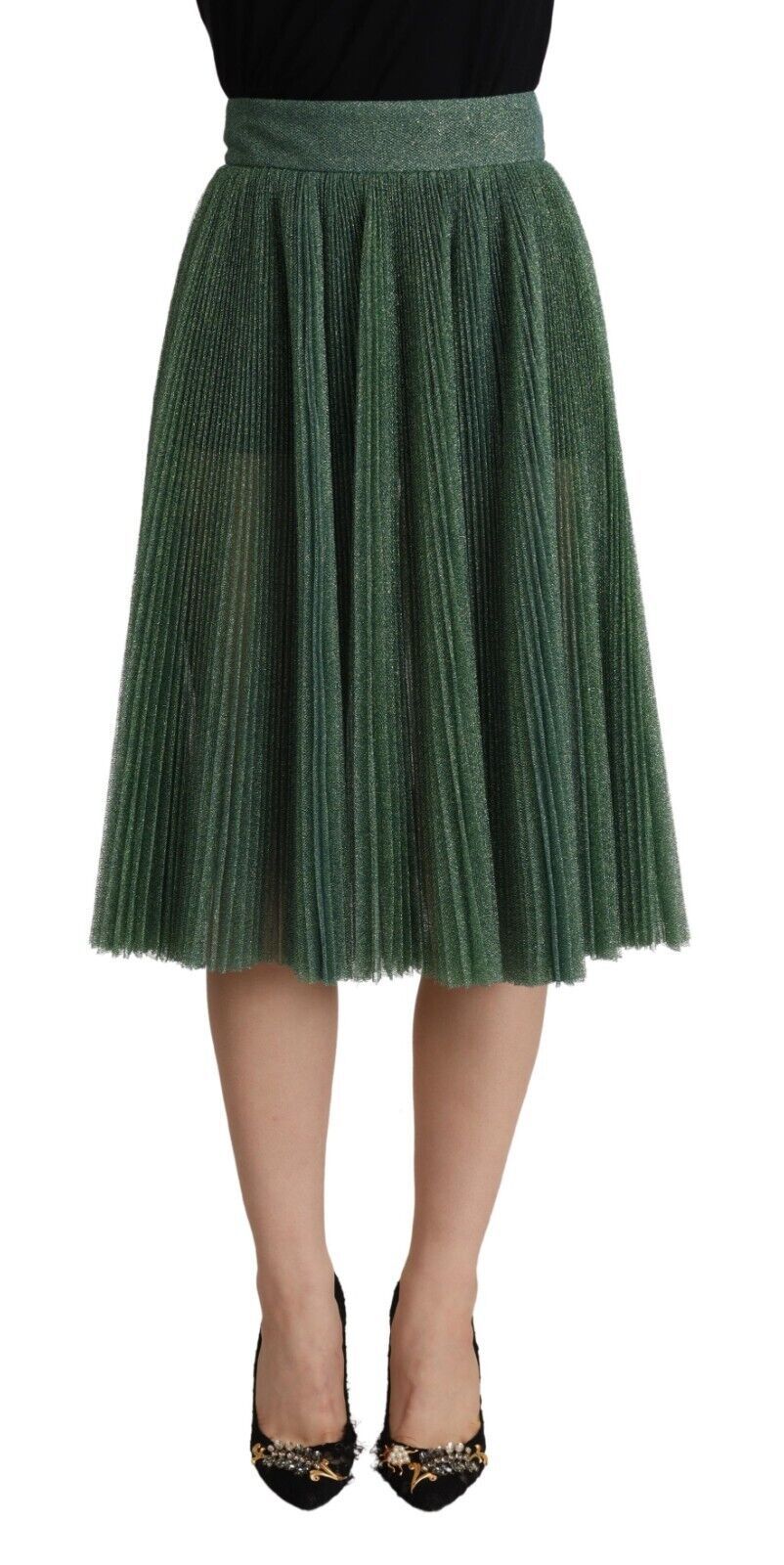  - Metallic Green Pleated A-Line Midi Skirt