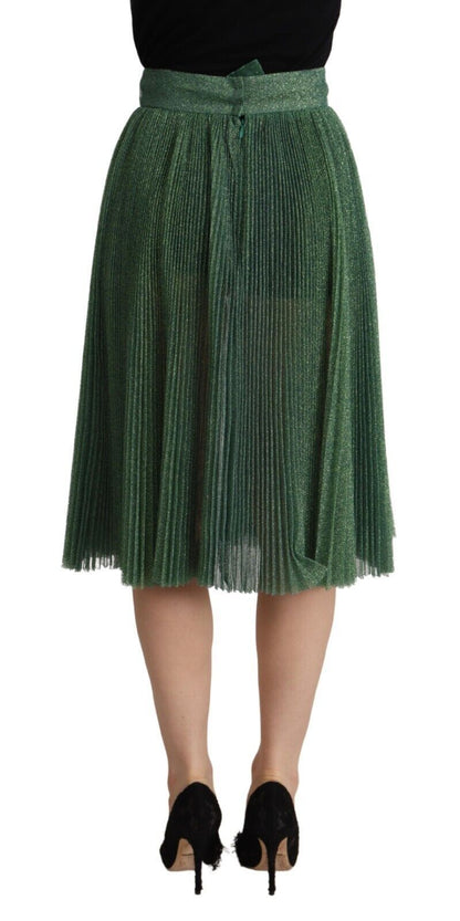  - Metallic Green Pleated A-Line Midi Skirt