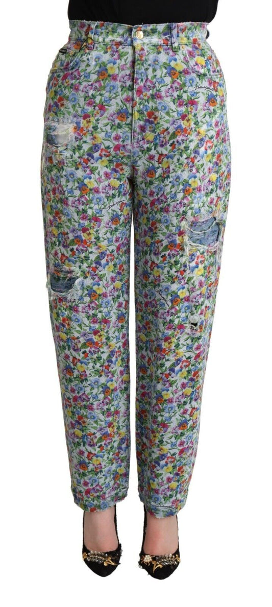  - Floral High Waisted Tapered Denim Jeans