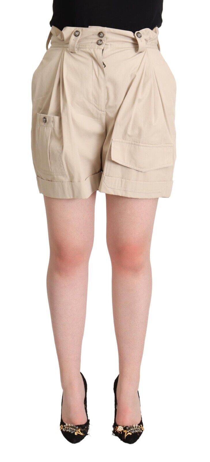  - High-Waisted Beige Cargo Shorts