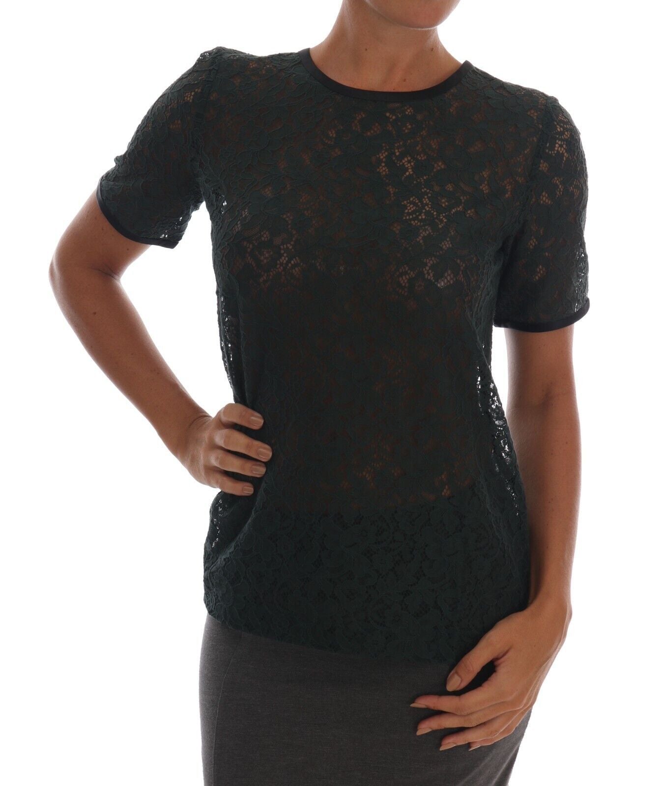  - Dark Green Floral Lace Short Sleeve Blouse