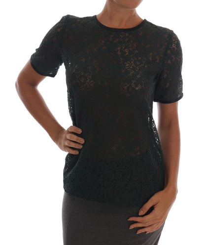  - Dark Green Floral Lace Short Sleeve Blouse