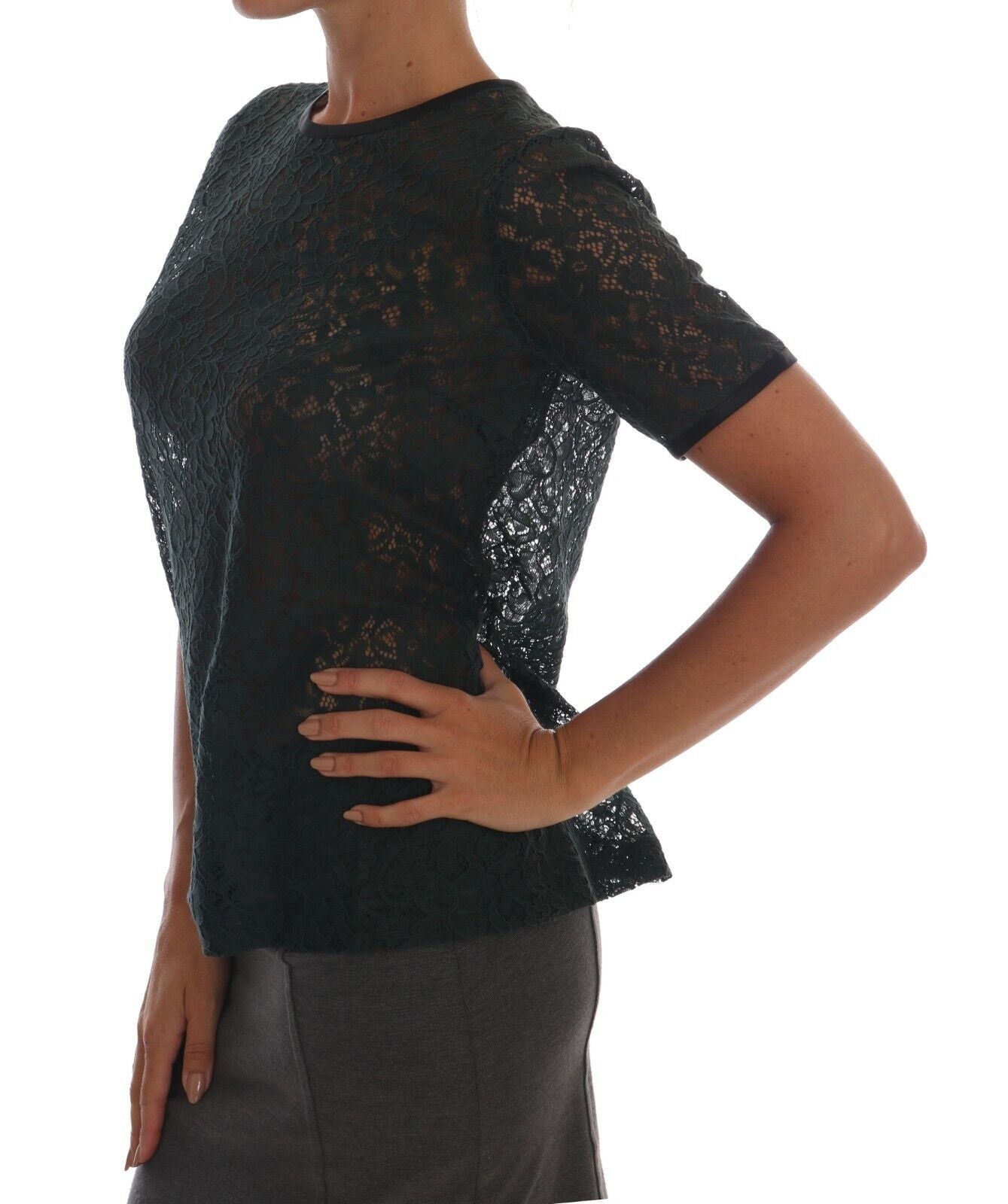  - Dark Green Floral Lace Short Sleeve Blouse