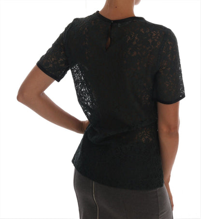  - Dark Green Floral Lace Short Sleeve Blouse