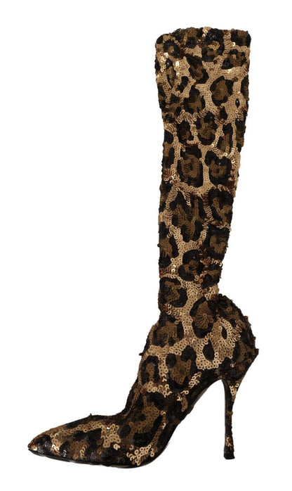  - Elegant Leopard Sequin Knee-High Boots