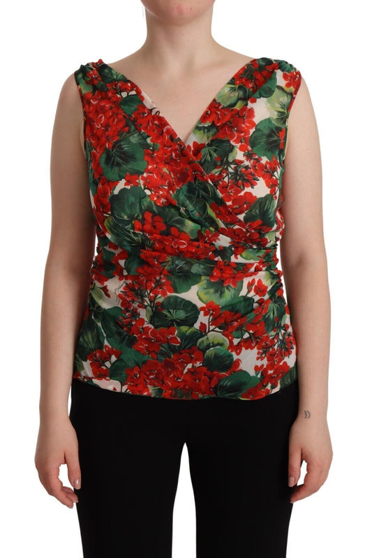  - Elegant V-Neck Geranium Print Silk Tank Top