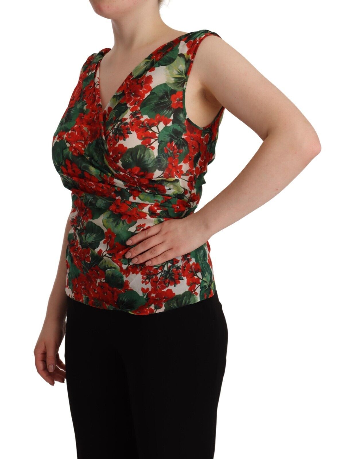  - Elegant V-Neck Geranium Print Silk Tank Top