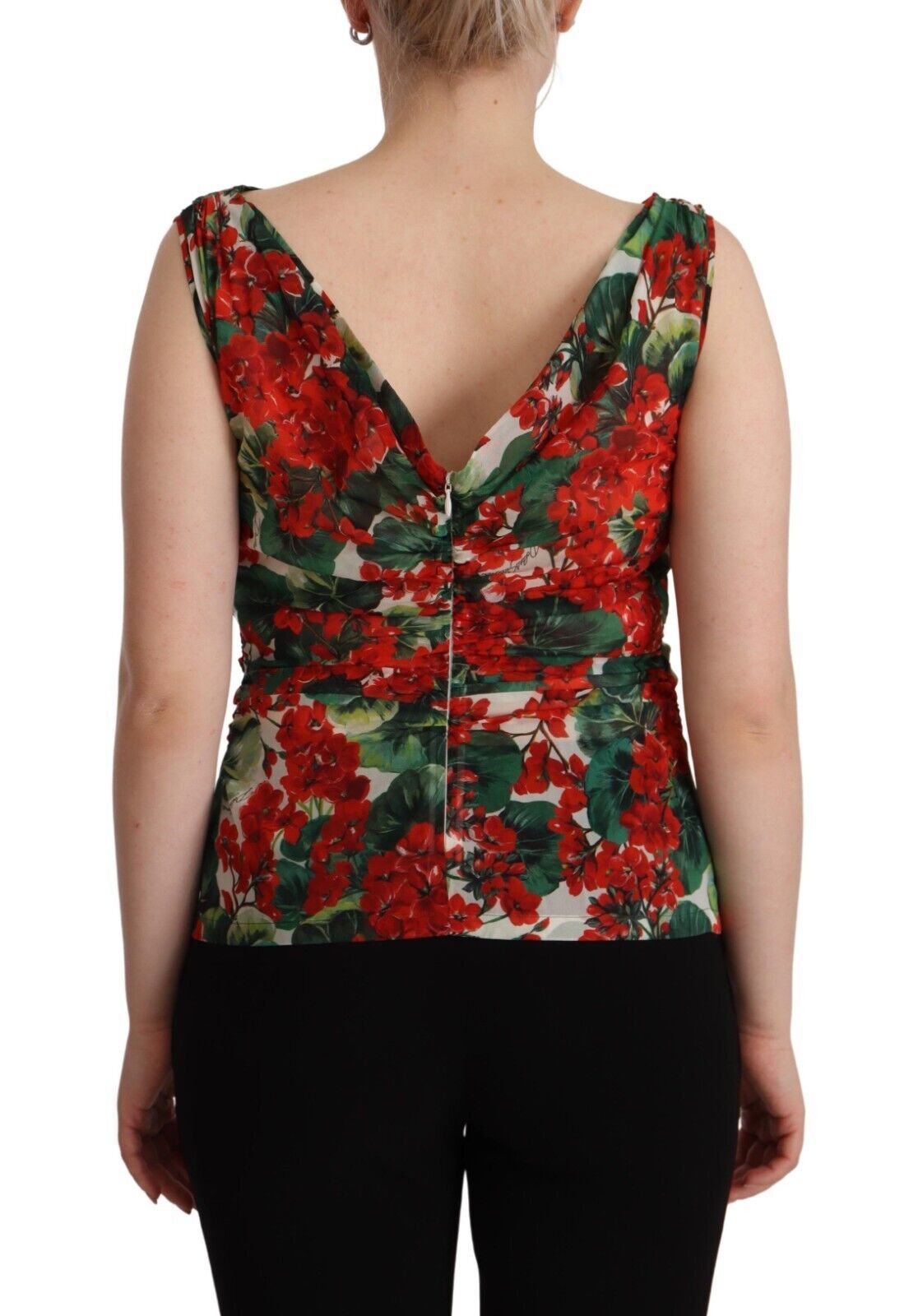  - Elegant V-Neck Geranium Print Silk Tank Top