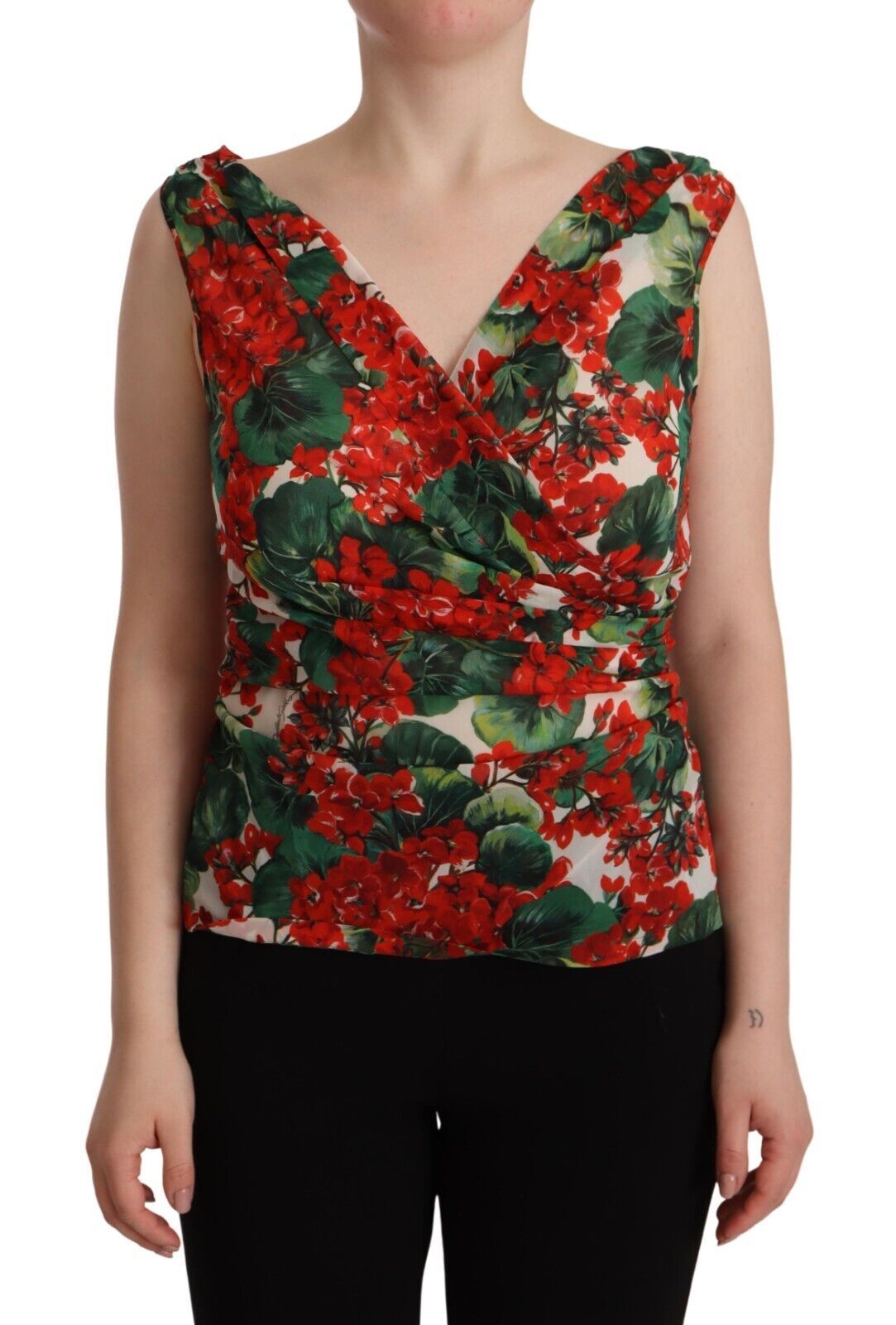  - Elegant V-Neck Geranium Print Silk Tank Top