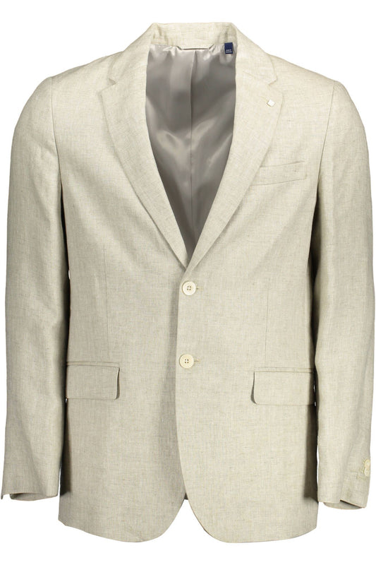  - Beige Linen Classic Jacket with Logo Detailing