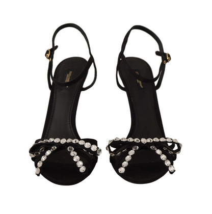  - Elegant Black Viscose Ankle Strap Sandals with Crystals