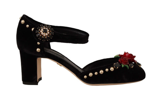  - Black Crystal Rose Heel Sandals