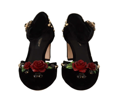  - Black Crystal Rose Heel Sandals