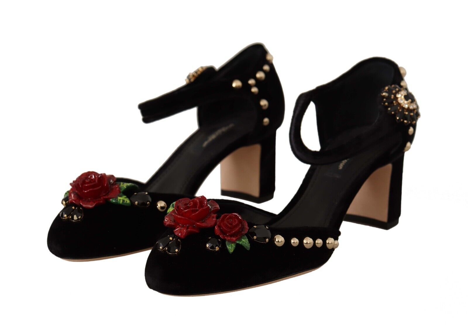 Black Crystal Rose Heel Sandals